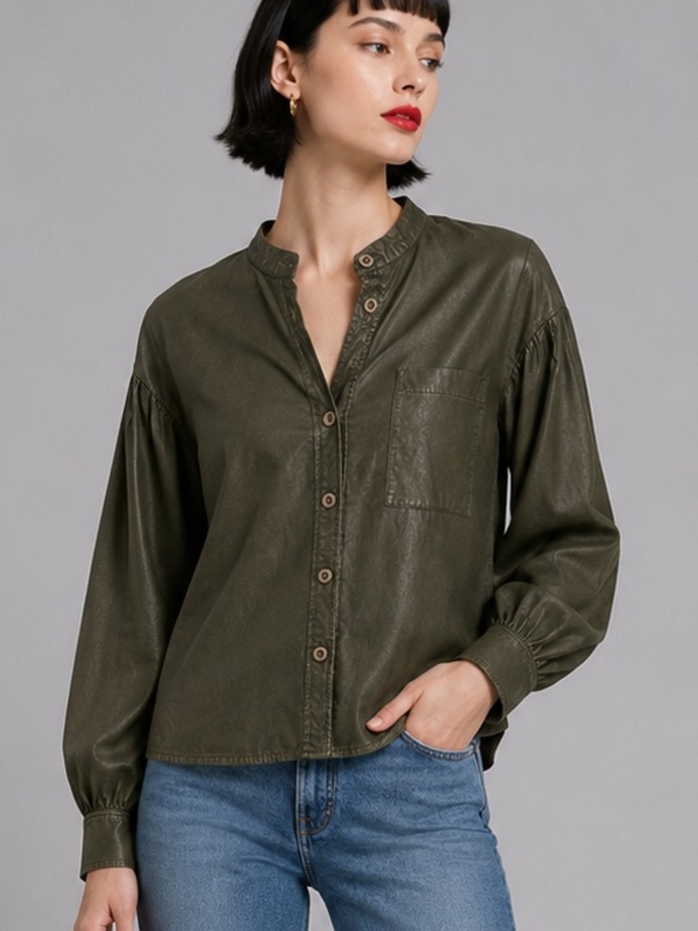 Rebecca Minkoff faux leather dark green button down w puff sleeve details- M